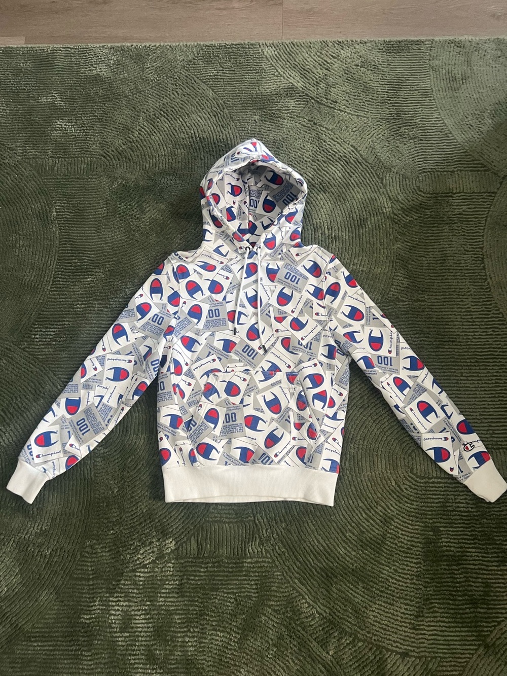 Champion White Hoodie with Red & Blue Logo Print